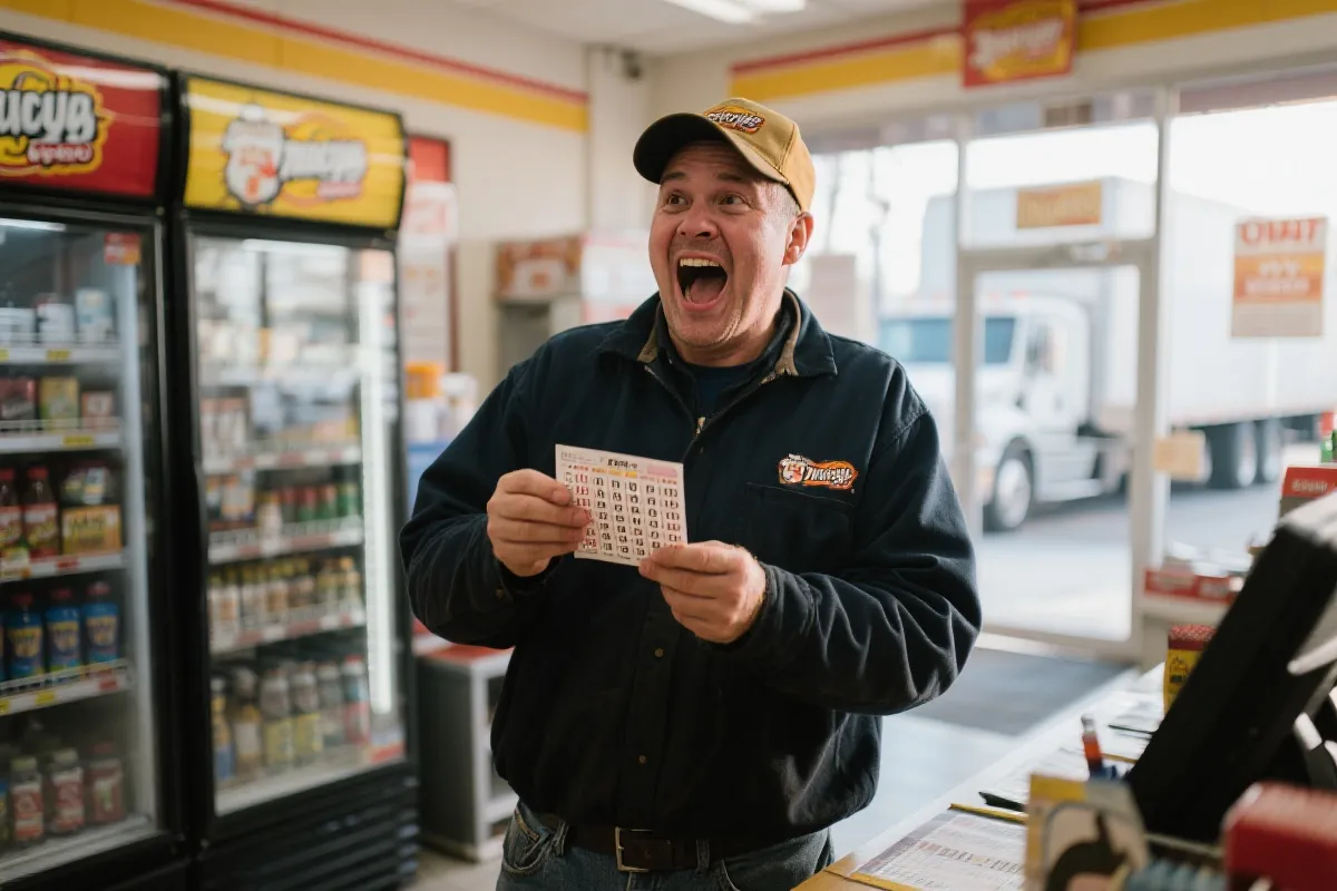 安大略省卡车司机在便利店核对彩票,表情惊喜